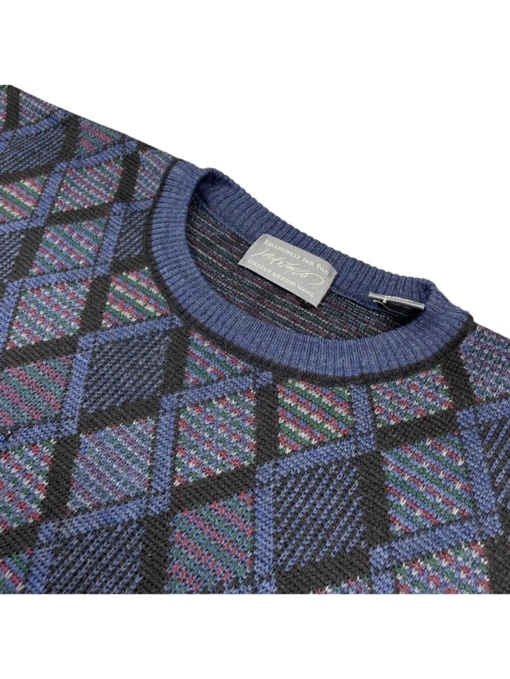 VTG Lord & Taylor Men’s 100% Wool Crewneck Pullover Sweater Blue Geometric • XL